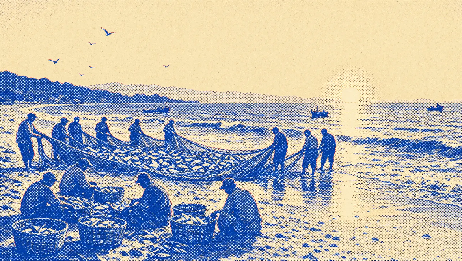 Fishermen hauling a full drag-net ashore at dawn, sorting the catch into baskets on the sand