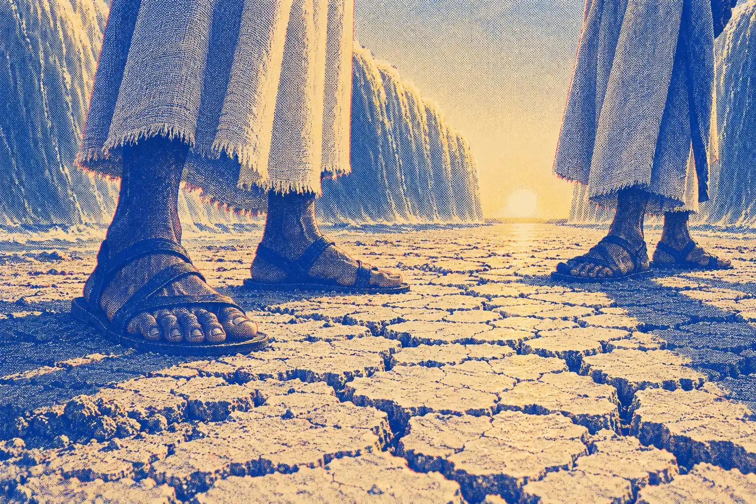 Close to the ground: sandaled feet and frayed hems of men standing on cracked, dry riverbed. On either side the water stands in walls, and a low sun shines at the far end.