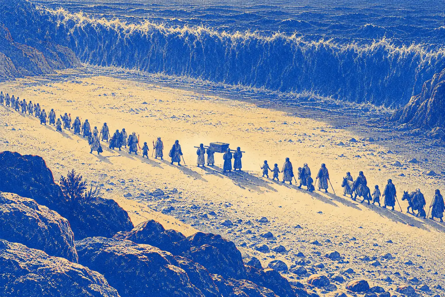A long line of Israelites with children, donkeys and the ark of the covenant walks across a dry riverbed. Beyond them a tall wall of water stands up like a cliff.