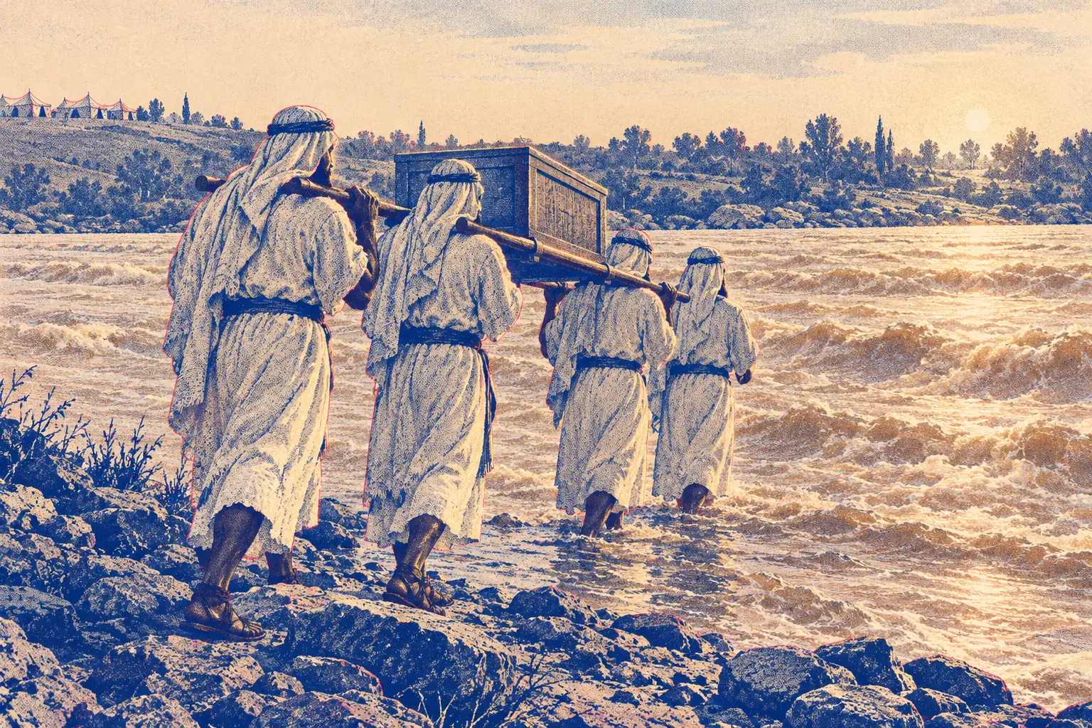 Four priests in white robes and sandals, seen from behind, carry the ark of the covenant on two long poles. The first two still stand on a rocky bank, and the last two have stepped ankle-deep into a brown, churning river in flood.