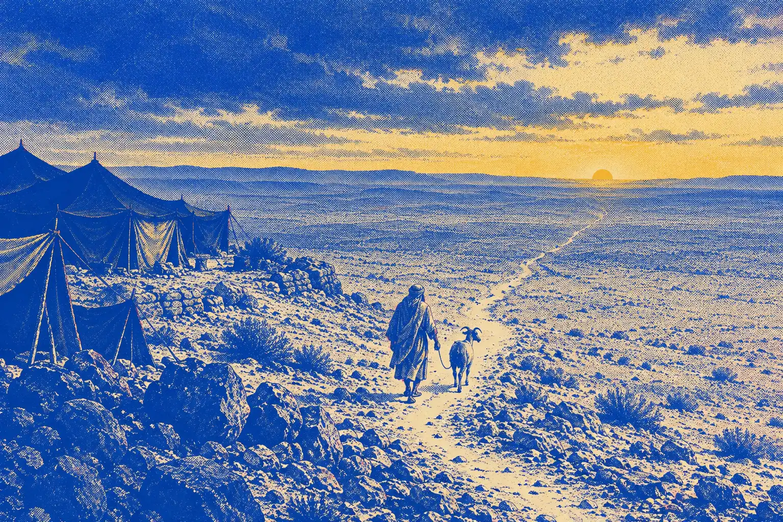 A man leads a goat on a rope along a narrow path away from a camp of tents on a rocky ridge. The path runs out across a wide, empty plain toward a low sun.