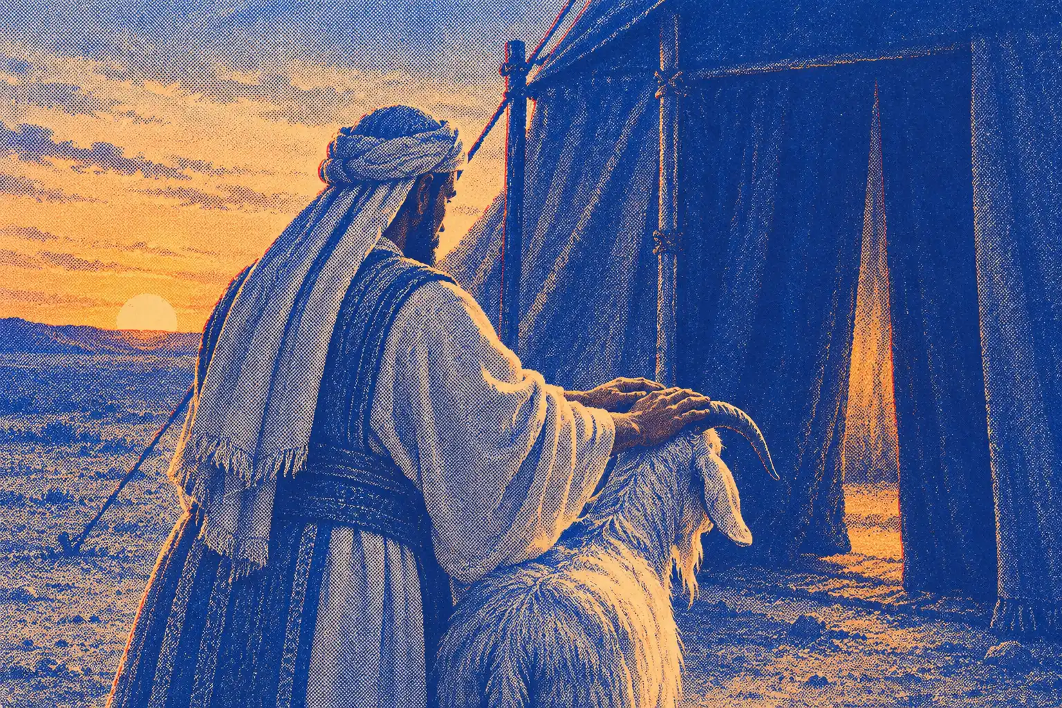 A priest in a striped turban and robe, seen from behind, rests his hand on the head of a white goat at the door of a tent at sunset.