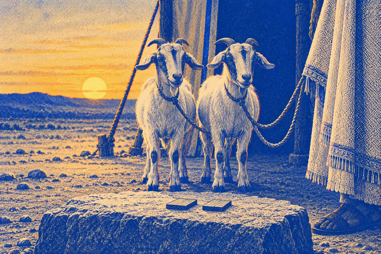 Two white goats on short ropes stand on a flat stone at the door of a tent. Two small wooden tablets lie on the stone in front of them, and the robed high priest stands at the edge of the picture.