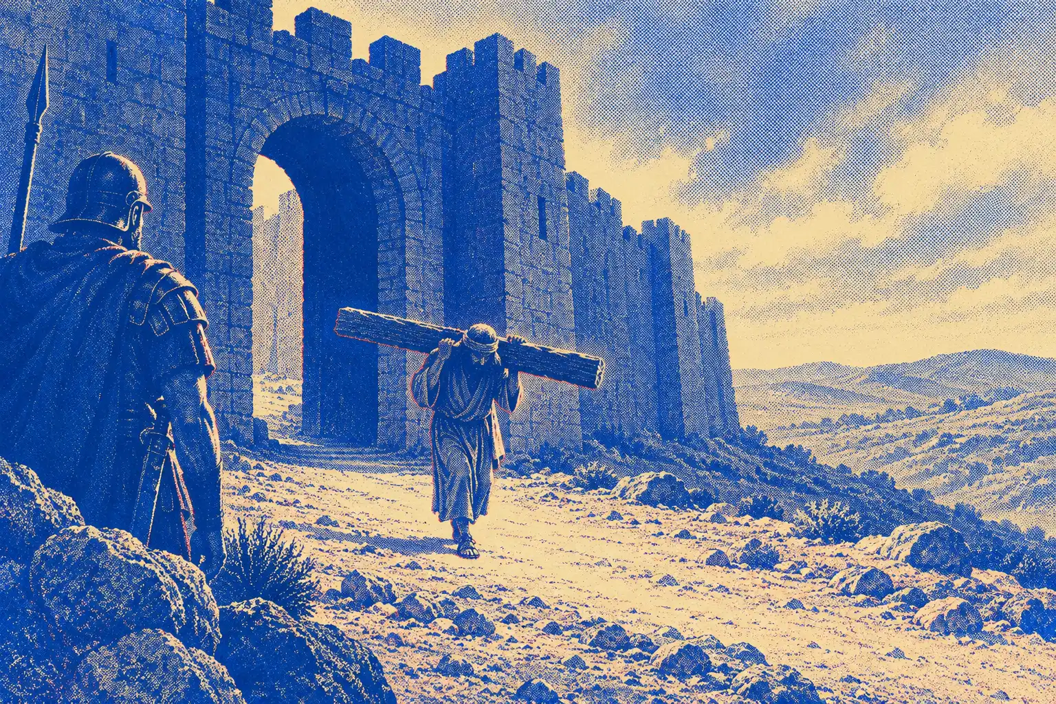 A man in a plain robe carries a heavy wooden beam on his shoulders out through a high stone city gate onto a rocky hillside. A Roman soldier in a helmet stands to one side, watching.