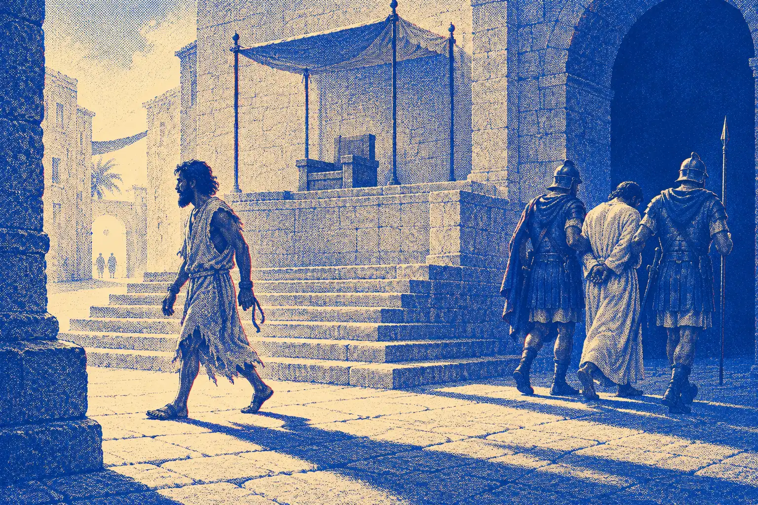 A bearded man in a torn tunic, a loose rope hanging from his wrist, walks away across a sunlit stone courtyard. Two Roman soldiers lead a bound man in a plain robe toward a dark archway. Between them stand broad steps and an empty judgment seat under a canopy.