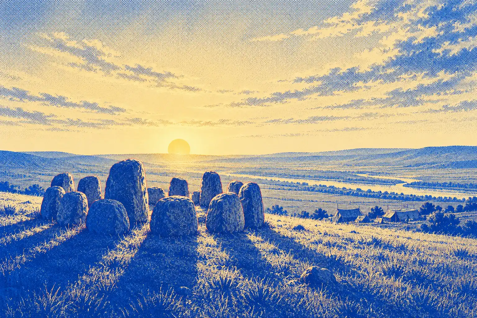 Twelve large standing stones stand together on a grassy hilltop at sunrise. Far below, a river winds across the plain beside a small camp of tents.