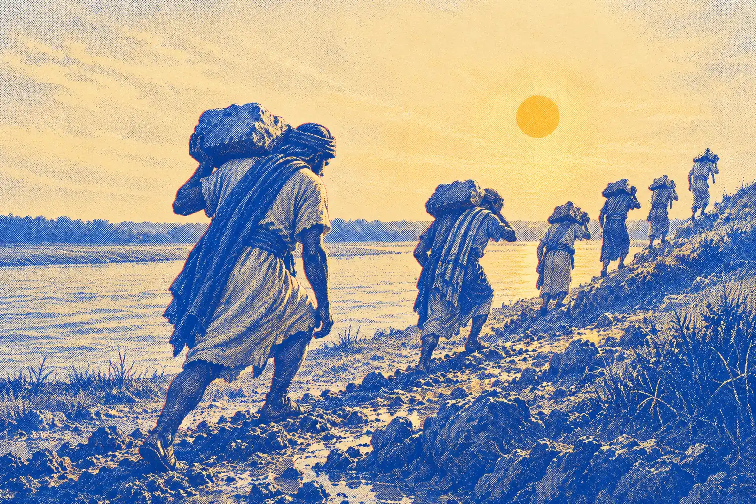 Six men in rough tunics climb a muddy riverbank in single file, each carrying a large stone on one shoulder, with the river and the low sun behind them.