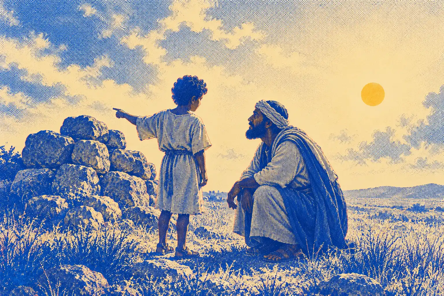 A boy with curly hair points at a stack of rough stones while a bearded man crouches beside him and looks up, listening.
