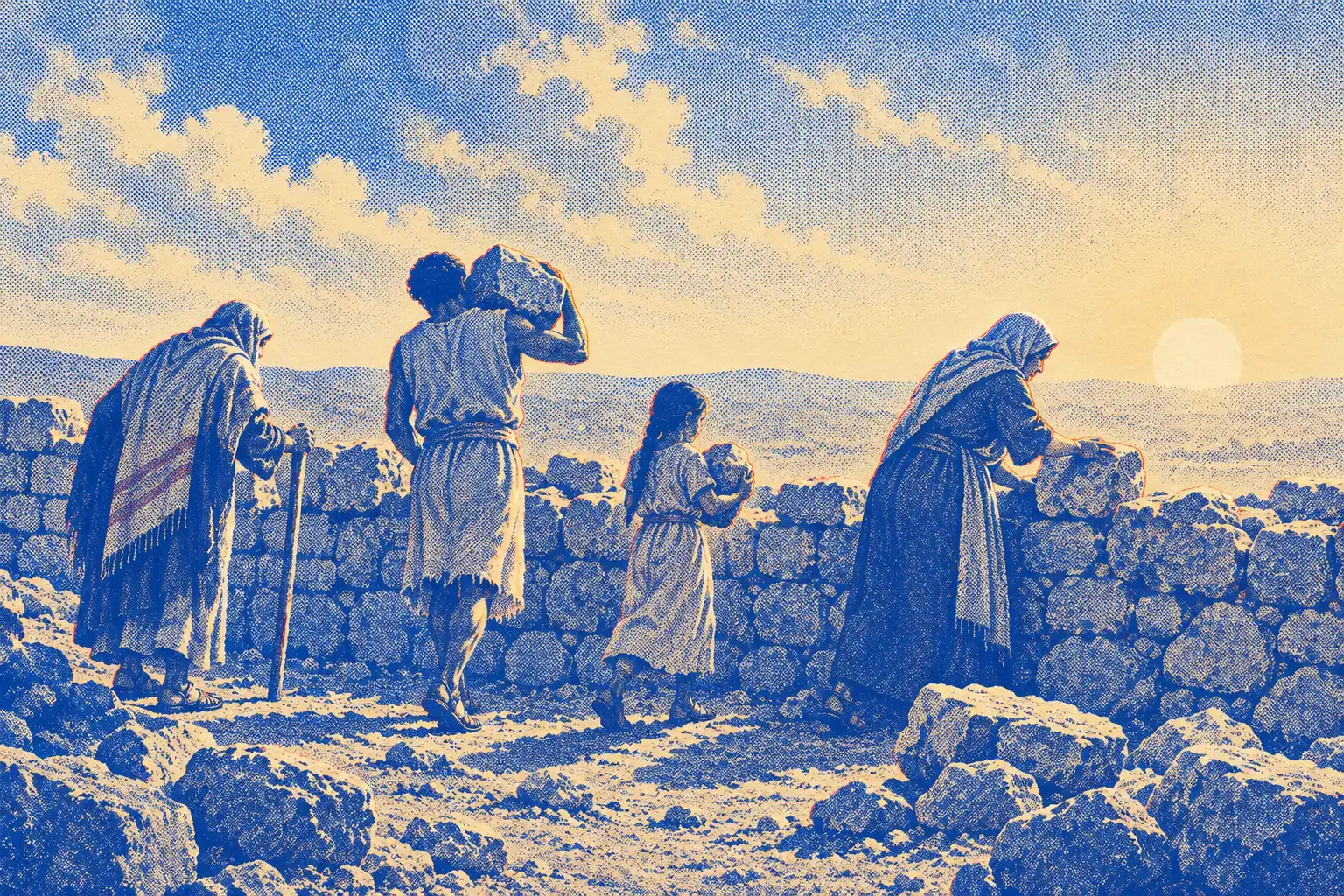 An old man with a staff, a man carrying a stone on his shoulder, a girl holding a small stone, and a woman setting a stone into a low wall, all building one wall together under a bright sky.