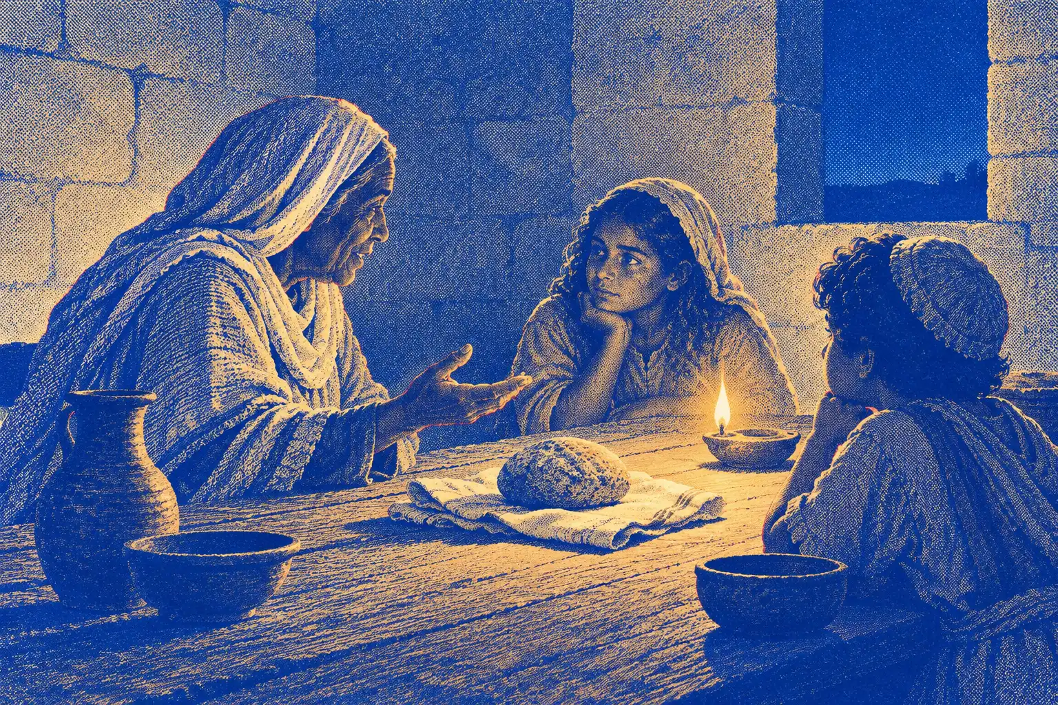 An elderly woman in a headscarf speaks and opens her hand toward two children at a wooden table lit by a small oil lamp. A loaf of bread rests on a cloth between them.