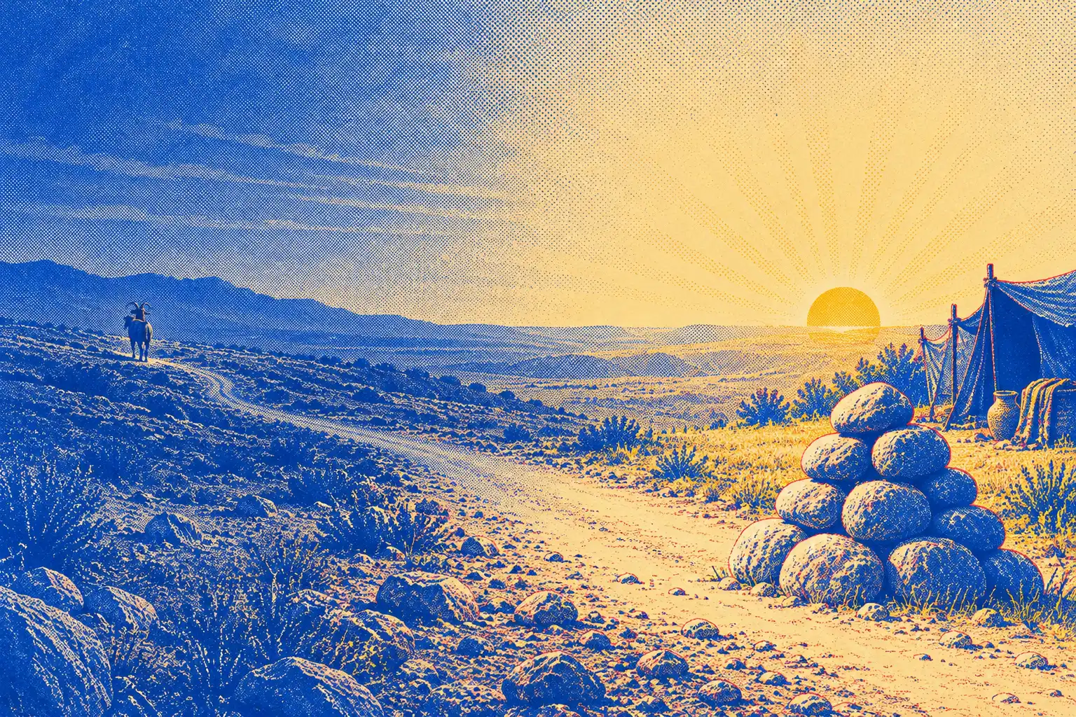 A cairn of twelve smooth stones stands beside a tent at sunrise. A winding path leads away across the hills toward a distant goat, with the sun’s rays filling the sky.