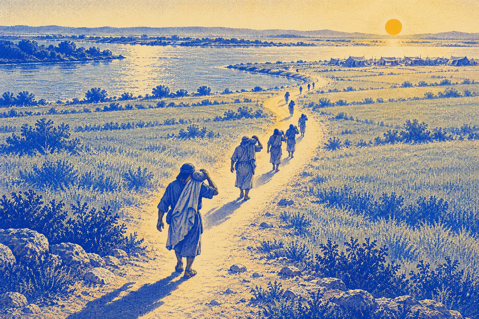 A line of men walks along a sunlit path beside a wide river, each with a stone on one shoulder, heading toward a camp of tents on the horizon.