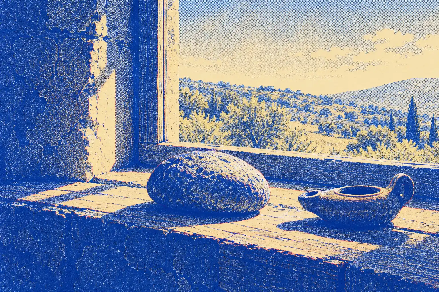 A smooth rounded stone and a clay oil lamp sit side by side on a stone windowsill in morning light, with olive-covered hills beyond the window.