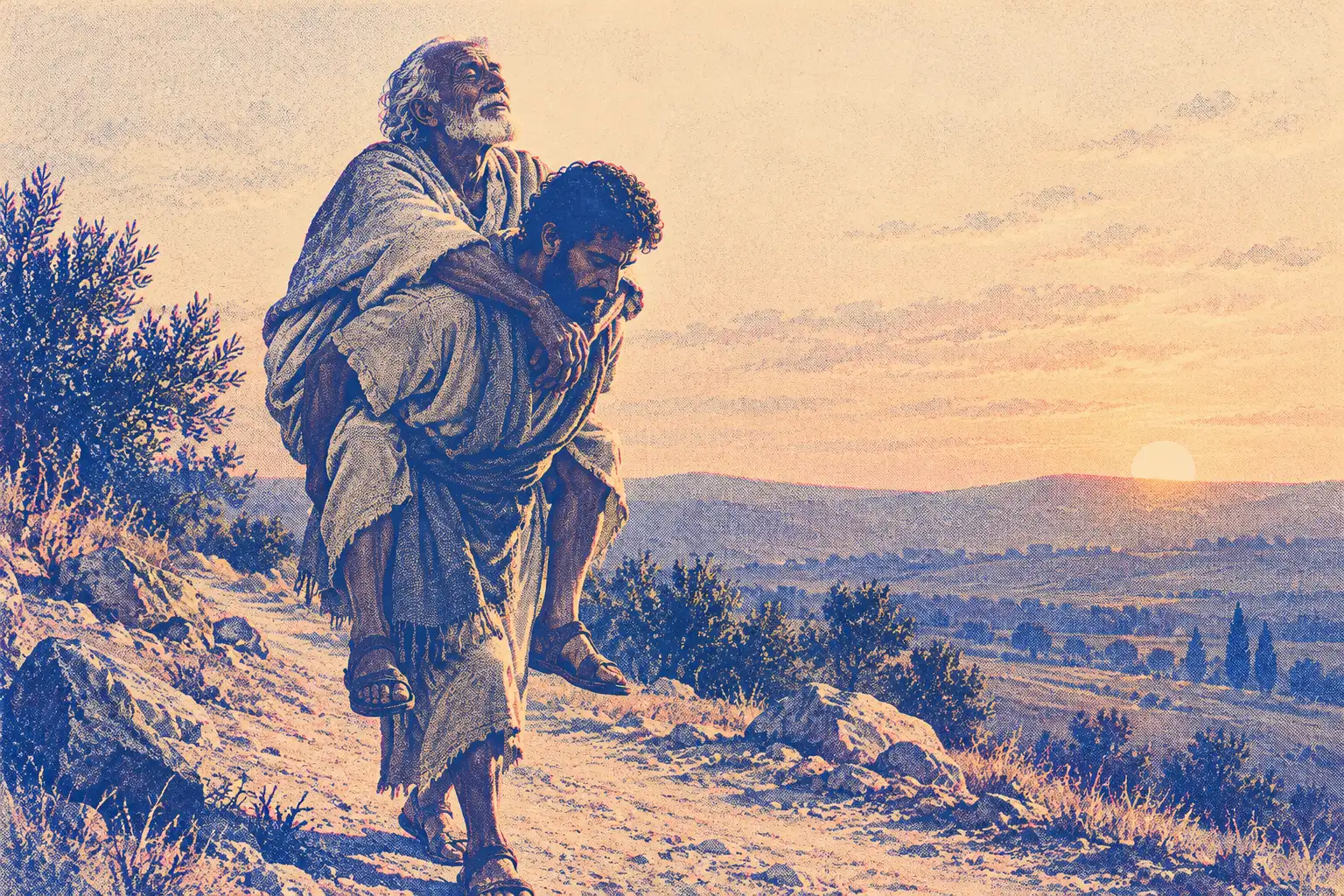A younger man carries an old, white-bearded man on his back along a stony hillside path at sunset. The old man looks up with his eyes closed and a calm face.