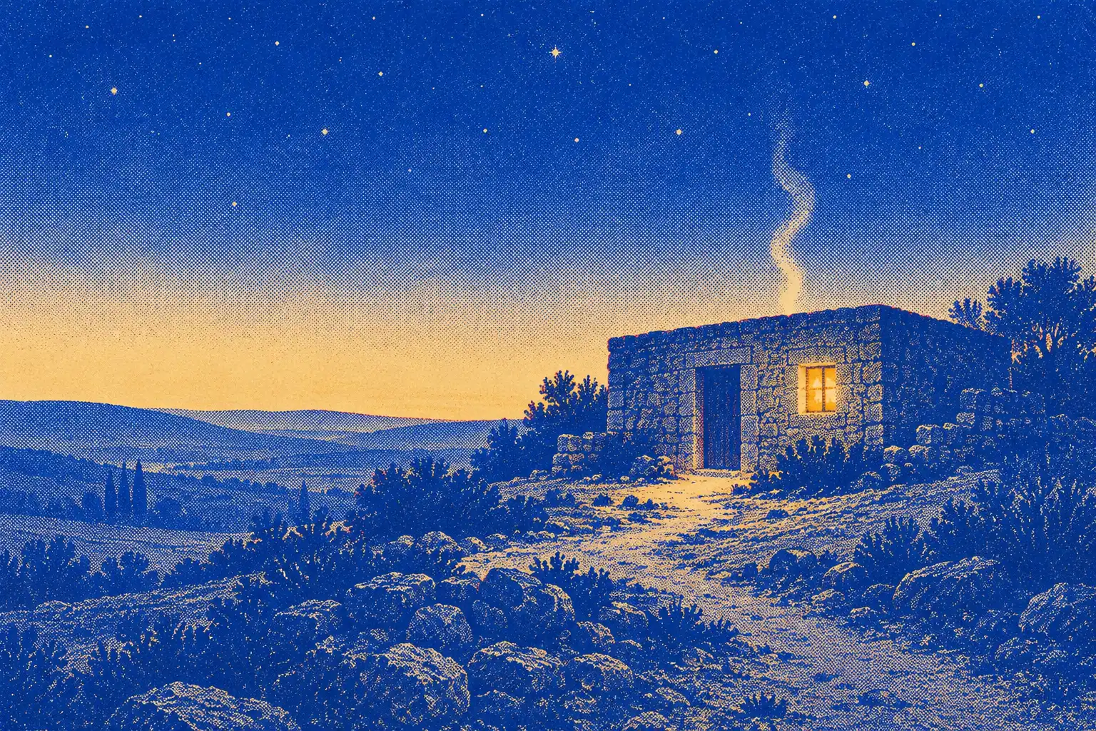 A small flat-roofed stone house on a hillside at dusk has one lit window and a thread of smoke rising. A path leads to the door under a deep blue sky with the first stars.