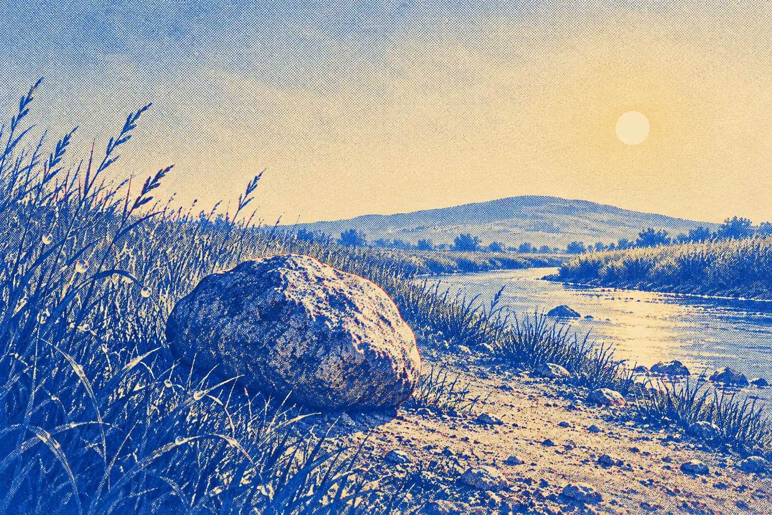 A single weathered stone rests in tall wet grass beside a quiet river at dawn, with a low hill and a pale sun behind it.