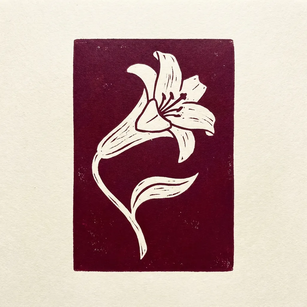 Sym Lily Reverse Burgundy Linocut by Generated